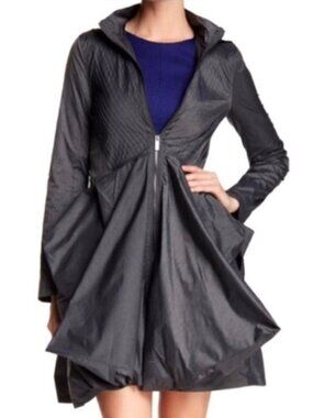 ZAC POSEN NAVY FITTED RUFFLE HOODED RAINCOAT Trench DESIGNER RUNWAY